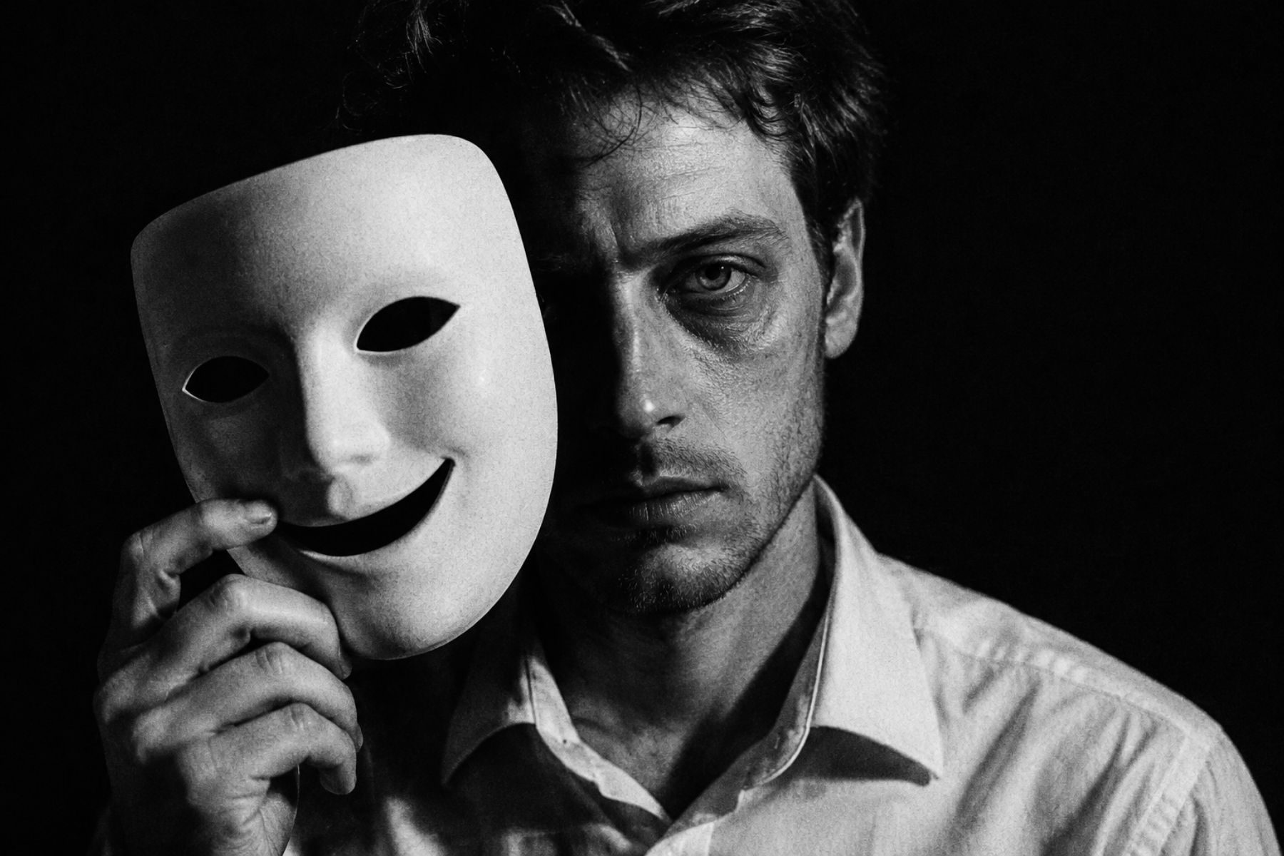 Black and white photo: a man pulling a smiling mask away from his exhausted face