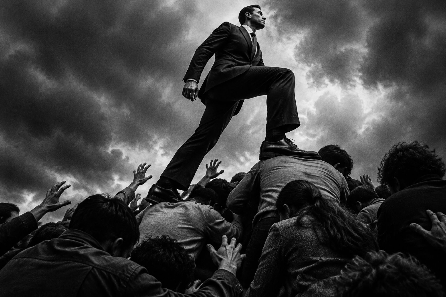 Black and white photo: a man in a suit climbing on the shoulders of a crowd