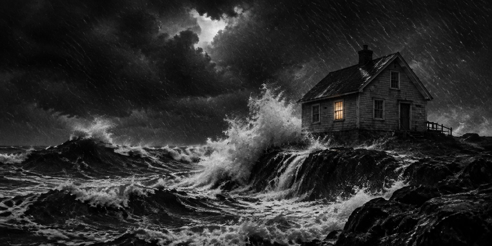 Black and white photo: a lone house on rocks in a violent storm, one window still lit